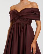 Burgundy Satin Off The Shoulder Twist Evening Ball Gown